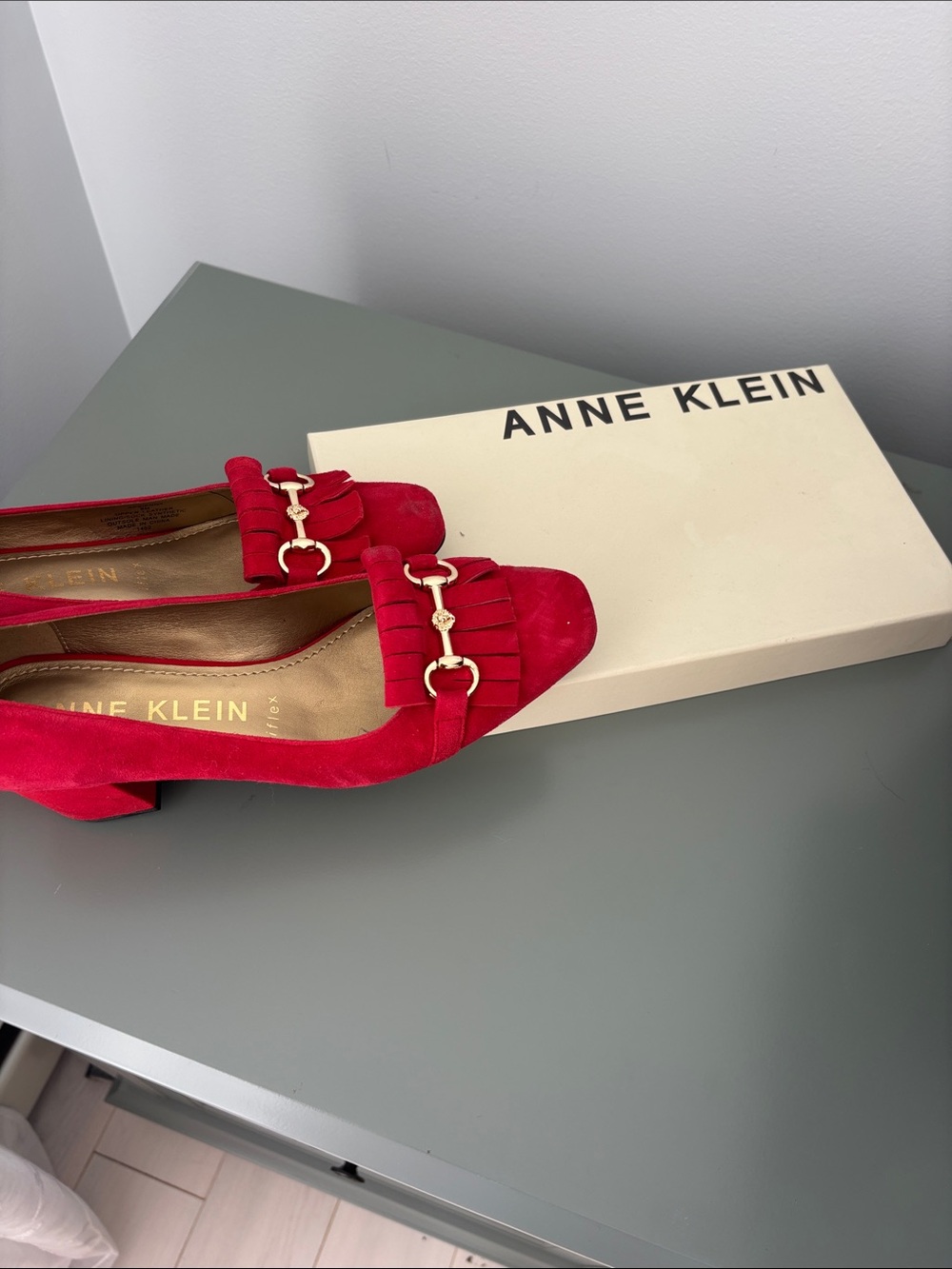 Anne Klein Red Suede Kiltie Loafers with Gold Accent - Picture 2 of 7
